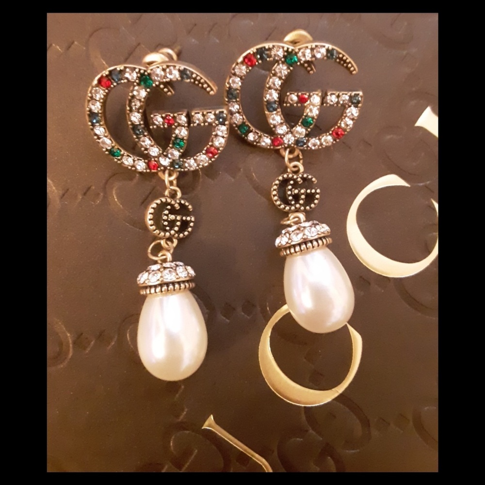 GUCCI Multi Color Stone Pearl Drop Earrings! - Picture 2 of 5